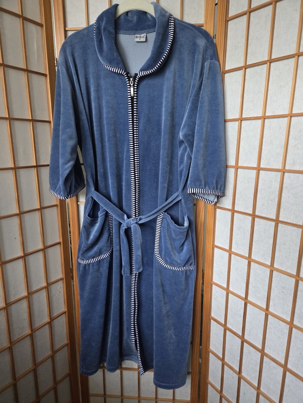 WOMENS LIGHT BLUE VELVET 3/4 SLEEVES RIBBON BELT & ZIPPER ROBE FROM EUROPE S/M
